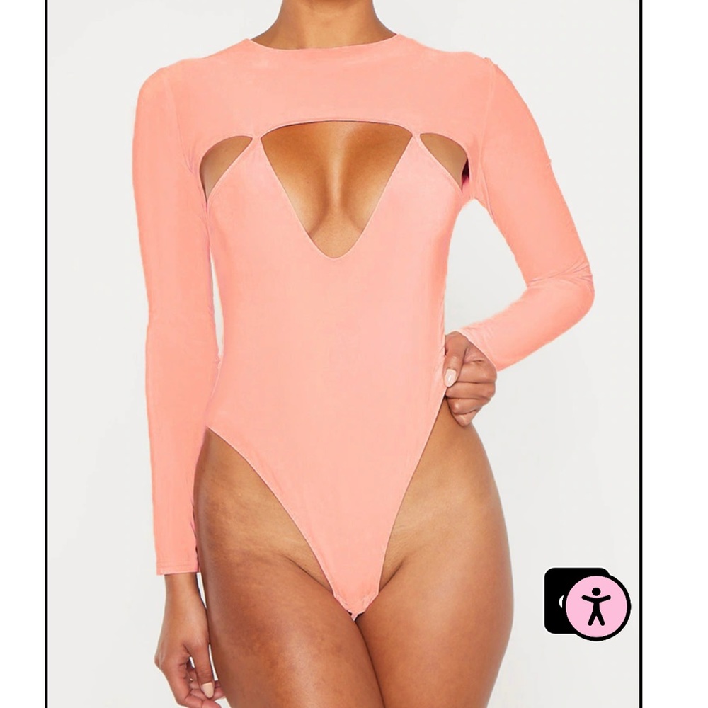 PLT Peach Slinky Cut Out Long Sleeve Thong Bodysuit Sz.6 Pink